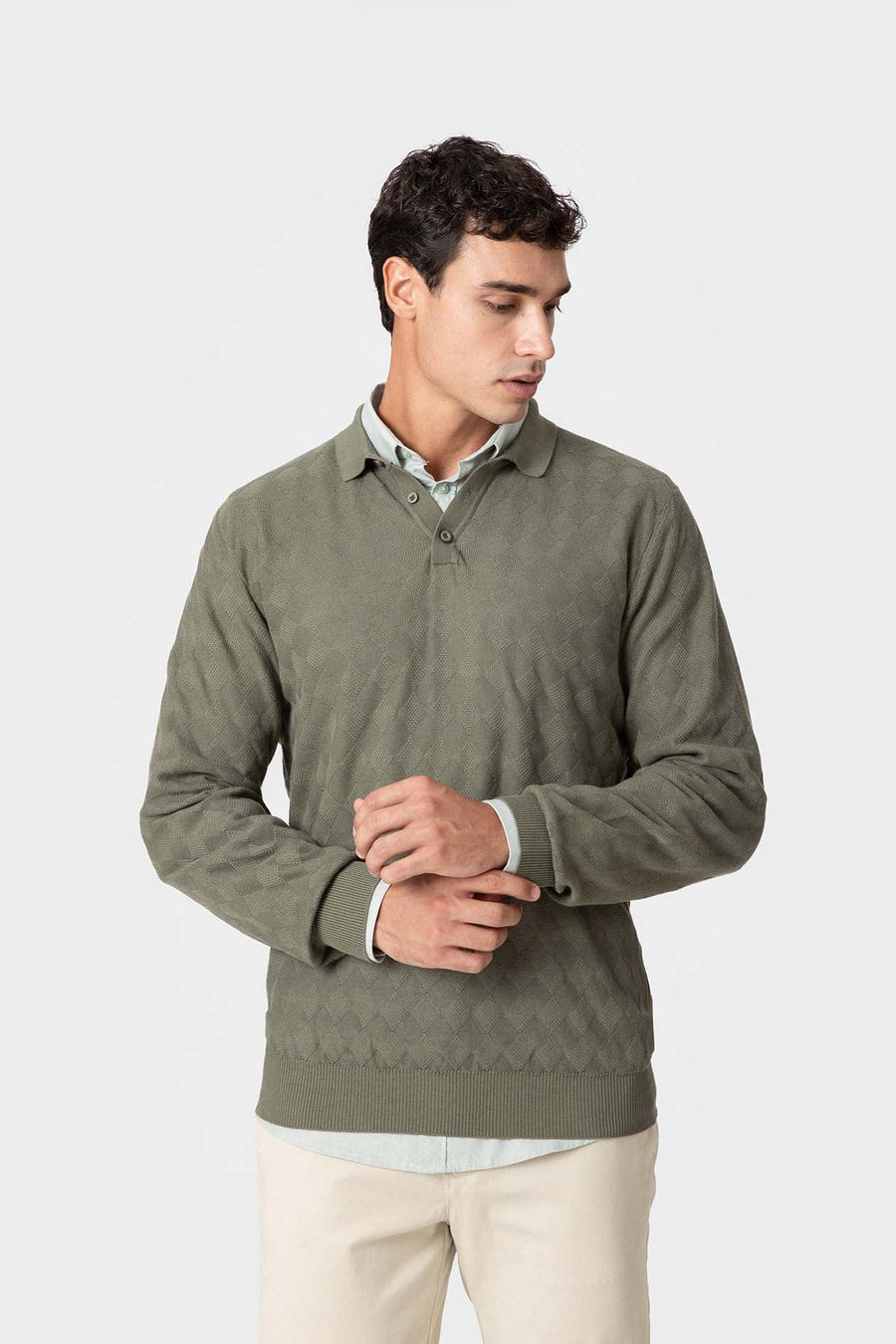 Pull polo vert en maille à motif losanges — image 1